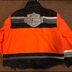 Men’s HARLEY-DAVIDSON HI-Vis Orange, reflective Rain Jacket with storable hood.
